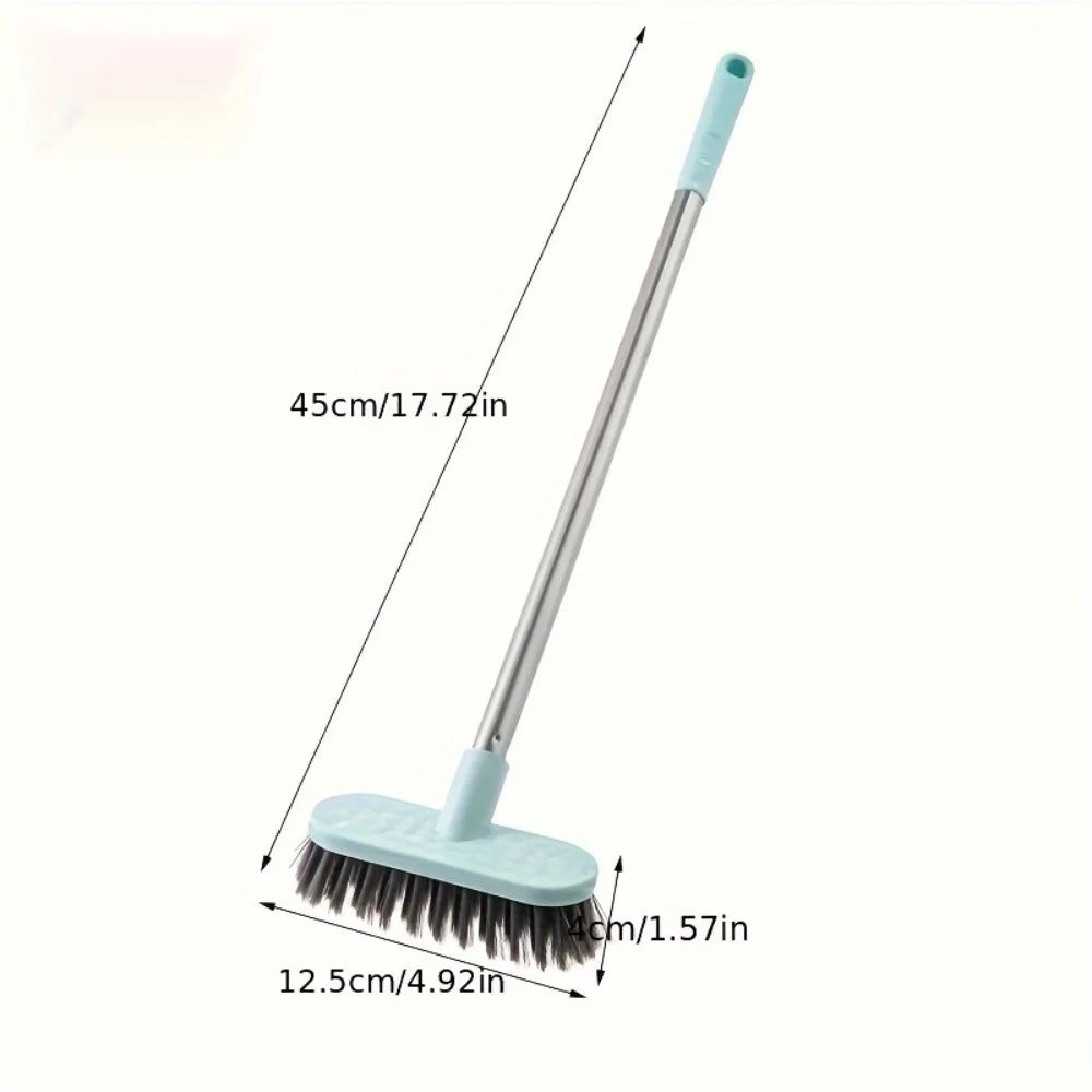 A long-handle floor scrub brush with a light blue handle and a wide, bristled scrubbing head.