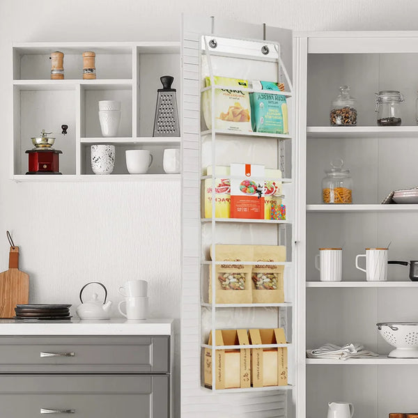 White over-the-door fabric storage organizer with multiple pockets for kitchen or pantry items