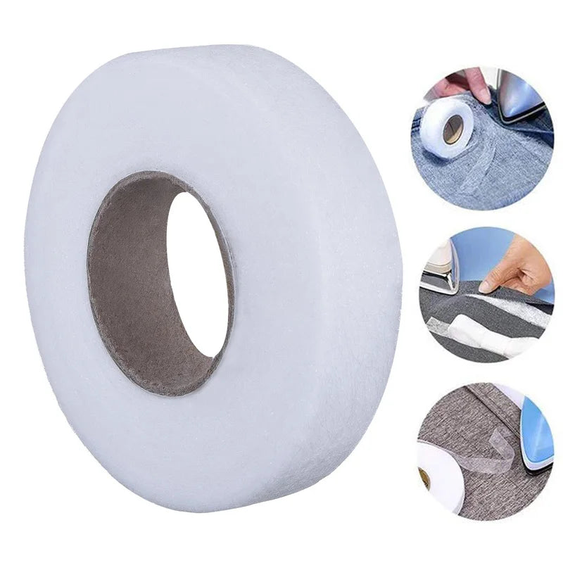 Rollo de cinta para dobladillos de tela de uso rudo para coser, mostrando el rollo y ejemplos de aplicación