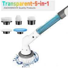 A white electric spin scrubber with multiple cleaning heads is shown, demonstrating its use for deep cleaning.