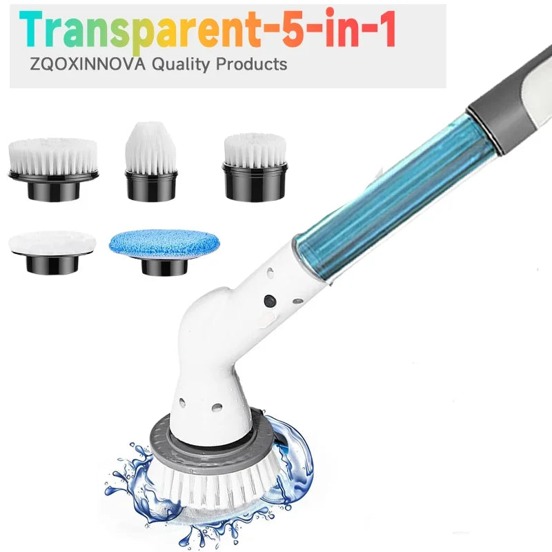 Escurridor eléctrico blanco con múltiples cabezales de limpieza, demostrando su uso para una limpieza profunda.