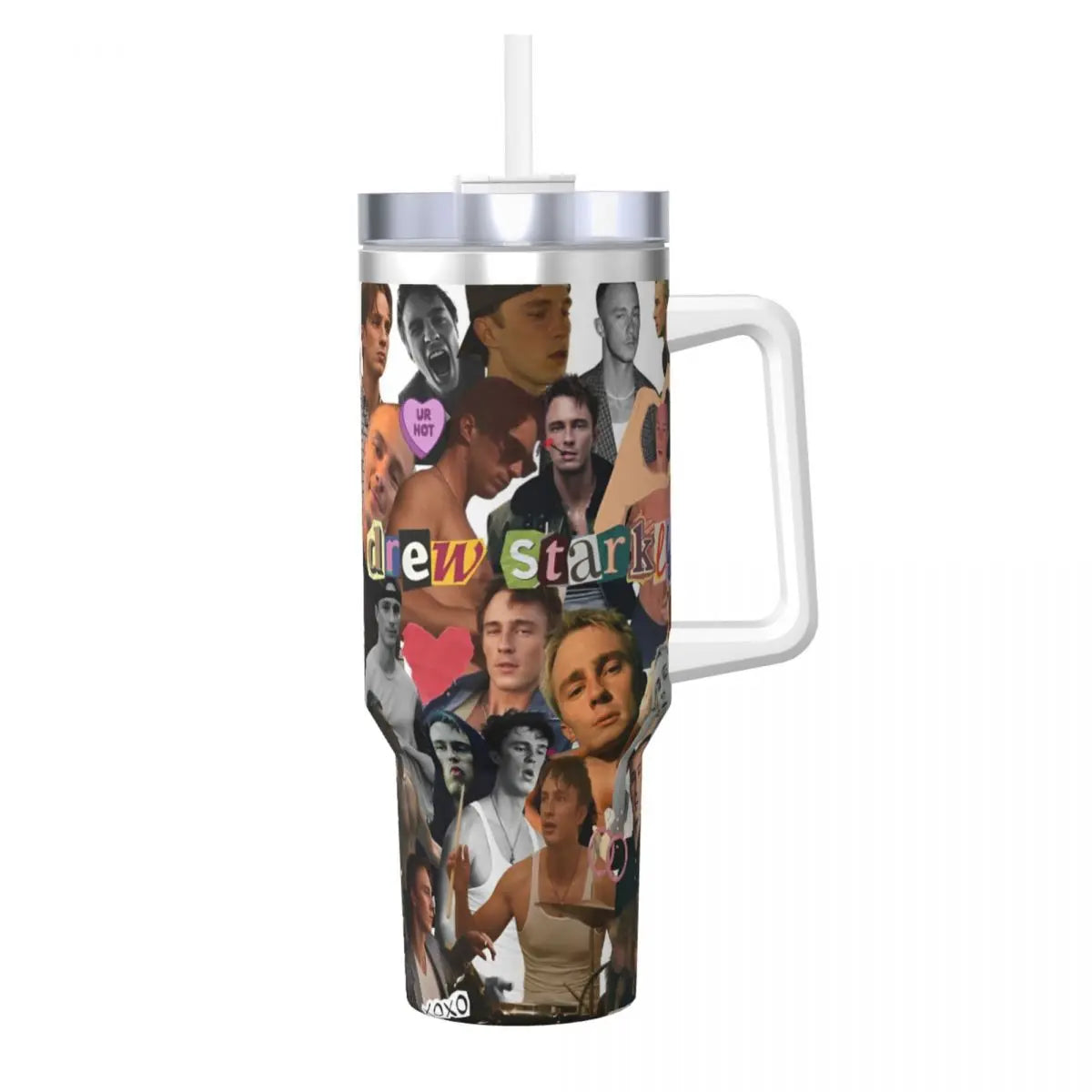 A stainless steel travel tumbler mug featuring a collage of Marvel characters.