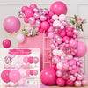 A pink and white round foil balloon garland kit featuring various shades of pink and white balloons arranged in a vertical di