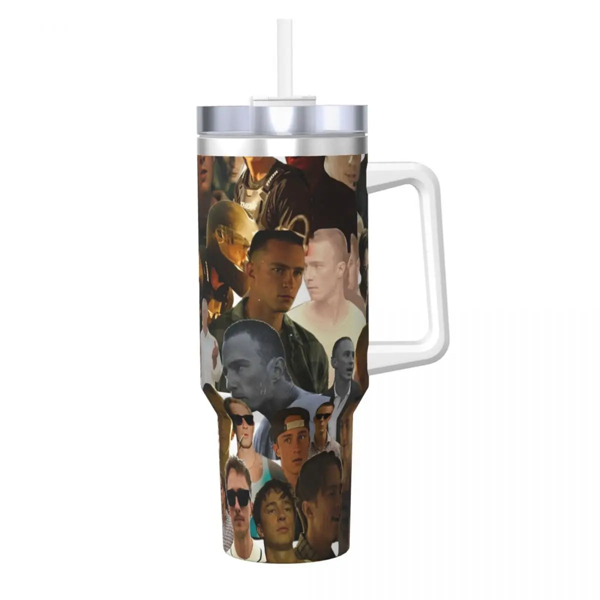 A stainless steel travel tumbler mug with a clear lid featuring a collage of men's faces.