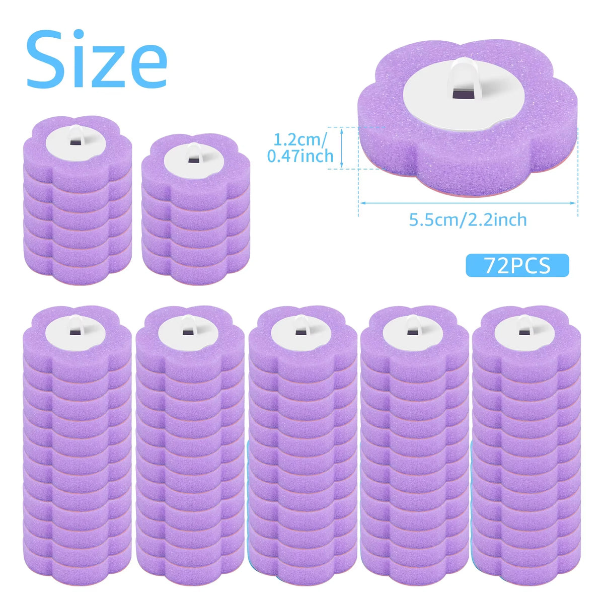 Purple disposable toilet brush refills with long handles and wall mounts shown in various sizes