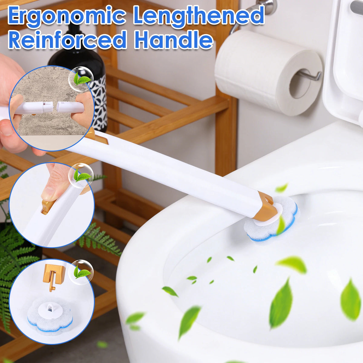 Disposable toilet brush cleaning kit with a white elongated reinforced handle being used to clean a toilet bowl.