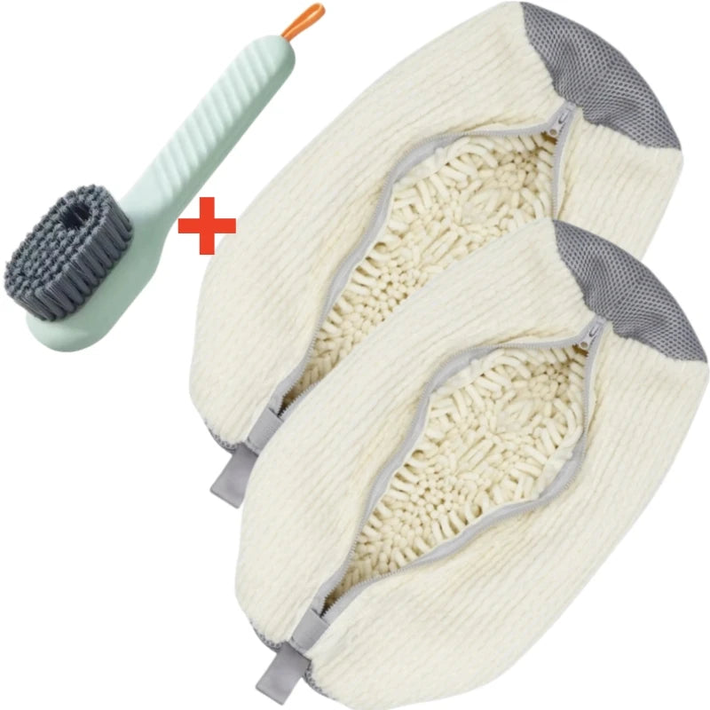 A multi-use shoe cleaning set with brushes and a storage bag shown next to the bag.