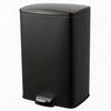 A sleek, black stainless steel pedal trash bin.