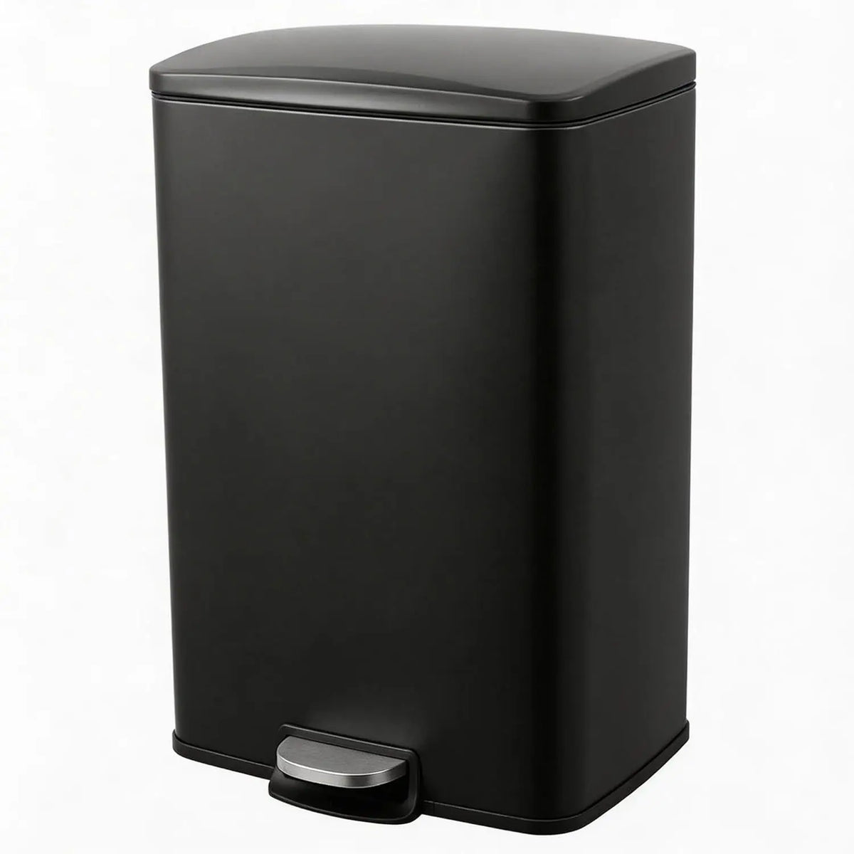 A sleek, black stainless steel pedal trash bin.
