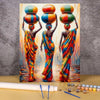 Three women in colorful sarees stand against a cityscape background on an art canvas.