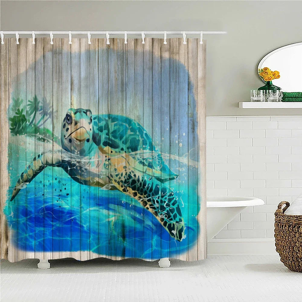 A watercolor-style shower curtain featuring a blue sea turtle swimming through turquoise water against a light background.