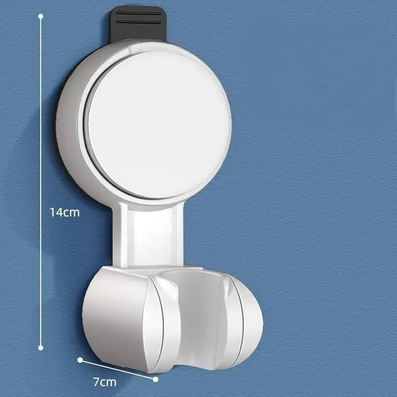 A white No-Drill adjustable suction cup shower head holder with a circular head and a mounting base.