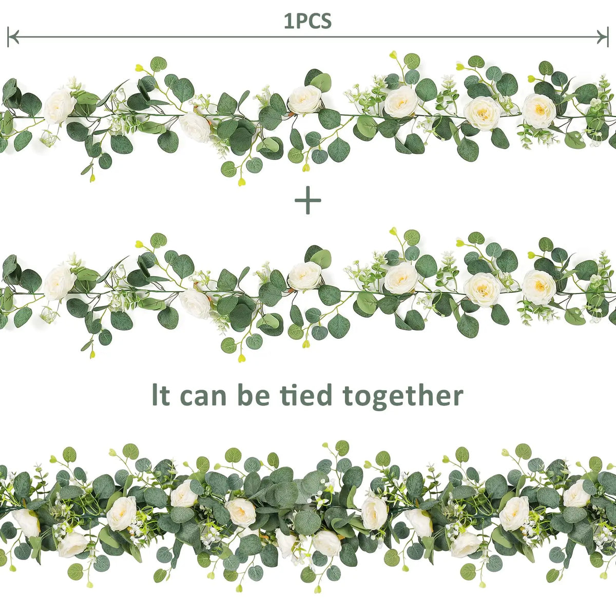 A long garland of artificial eucalyptus leaves and white roses, suitable for floral arrangements.