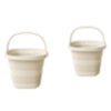 A beige collapsible water bucket with a handle, shown from the side.
