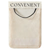 A beige elastic mesh bag holder with black handles and the word CONVENIENT printed on the top.