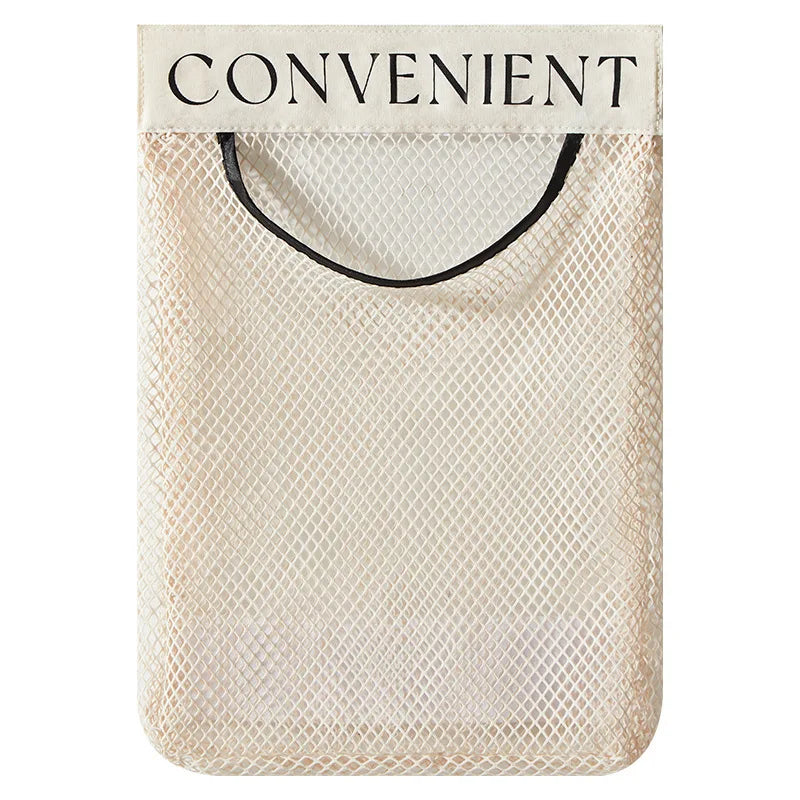 A beige elastic mesh bag holder with black handles and the word CONVENIENT printed on the top.