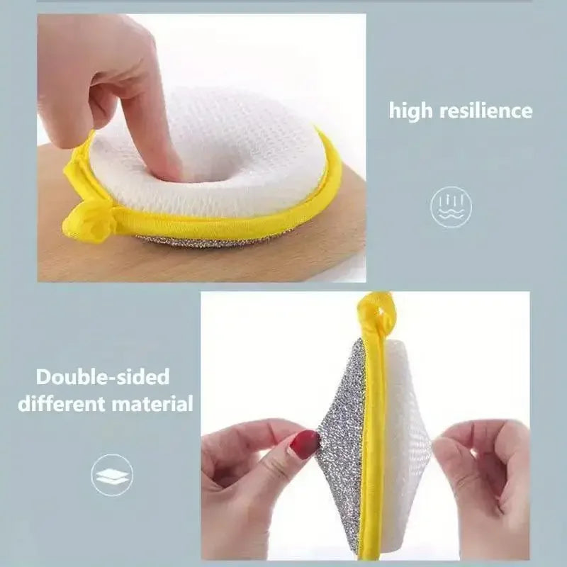 A yellow and white reusable double-sided dishwashing sponge set showing its texture and construction.