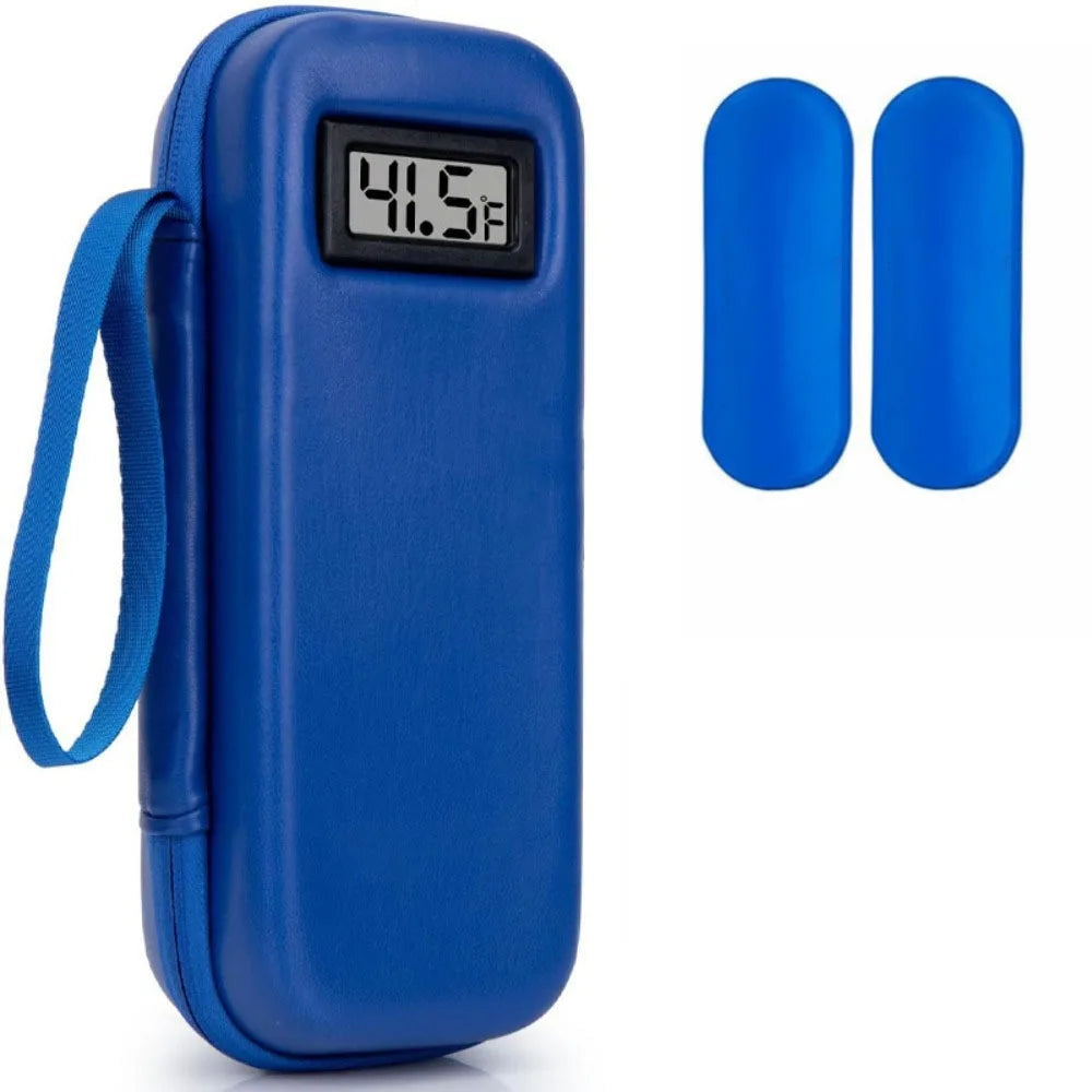 Blauer Insulin-Kühlbehälter mit digitaler Temperaturanzeige (41,5°F) und zwei blauen Gelpacks.