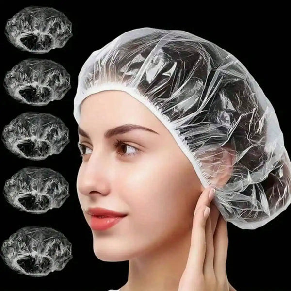 A woman is wearing a disposable transparent shower cap, with multiple views of the product shown.