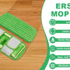 A green reusable mop pad and cleaning tool are shown on a wooden surface with features listed.