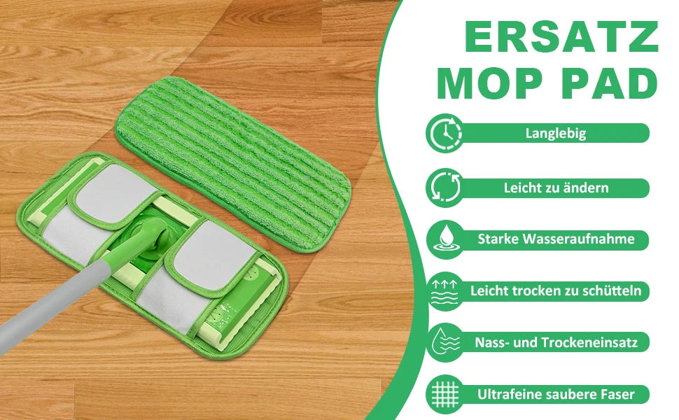 A green reusable mop pad and cleaning tool are shown on a wooden surface with features listed.