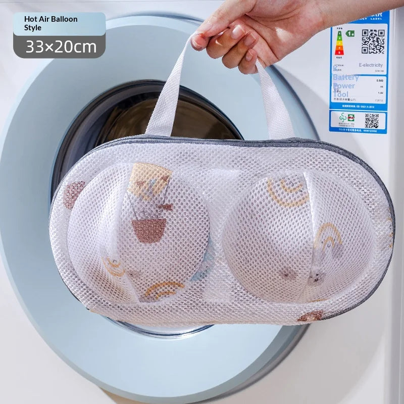 A mesh laundry bag for delicates and lingerie protection is shown inside a washing machine drum.