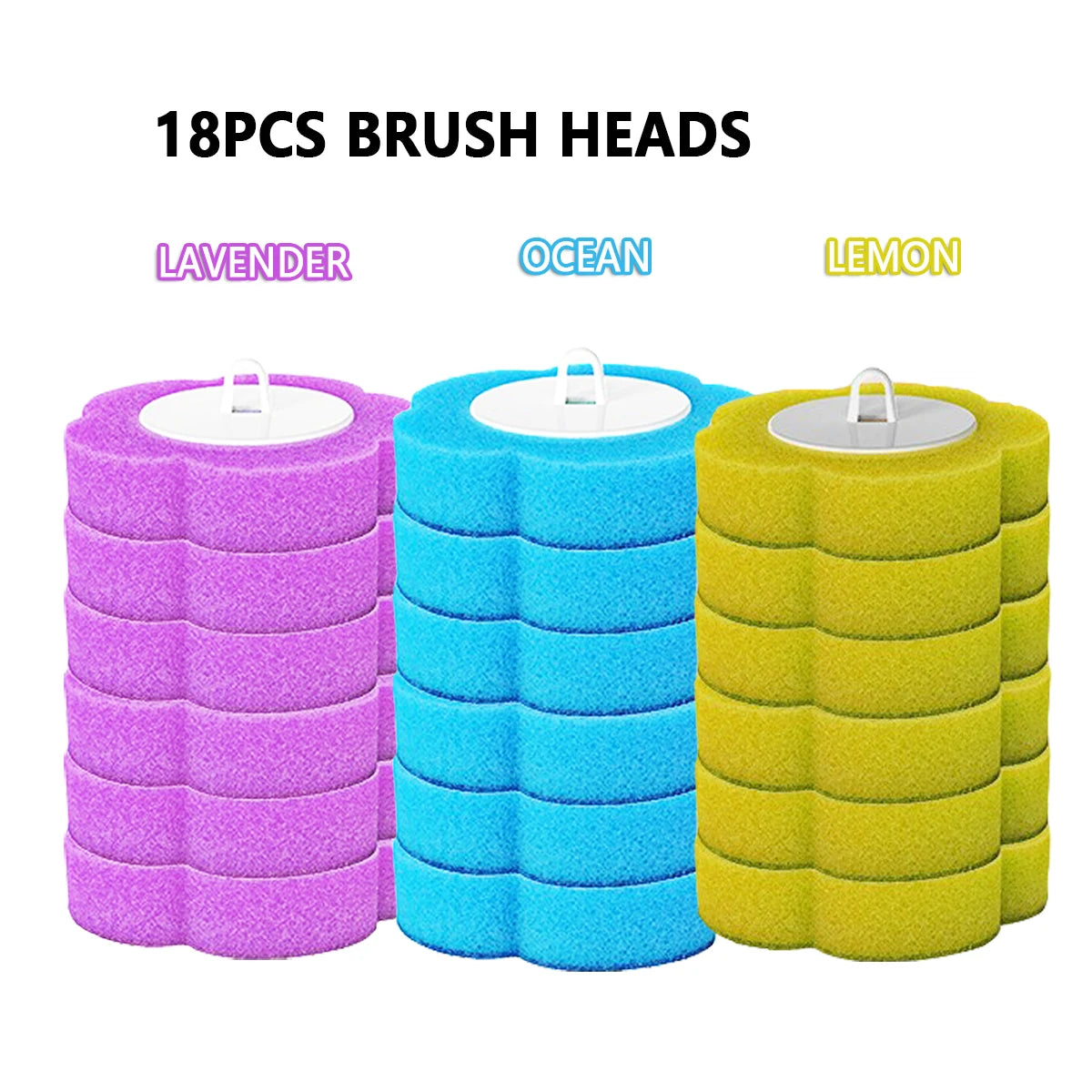 Three sets of brush heads in lavender, ocean blue, and lemon yellow for a multi-scent disposable toilet brush set