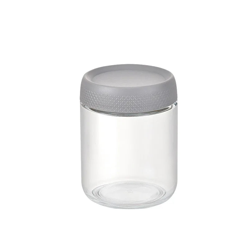 Clear glass meal prep jar with a gray airtight lid