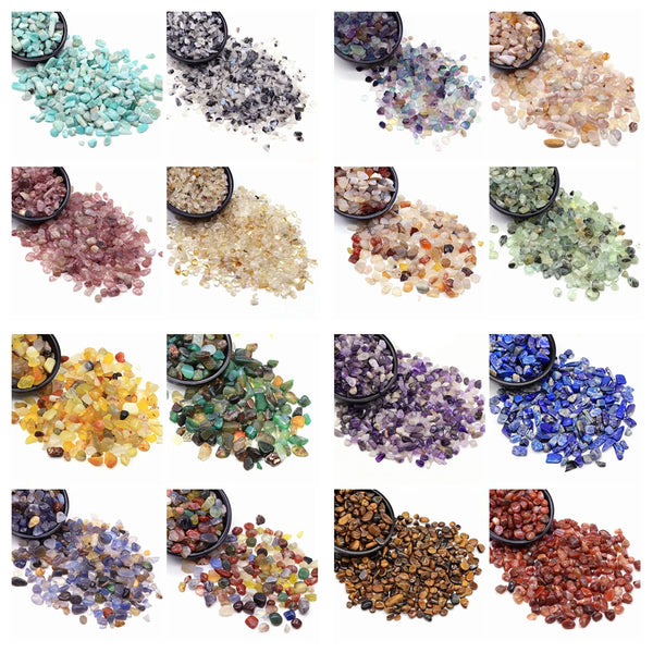 A collection of various natural healing crystals and stones in different colors and textures.