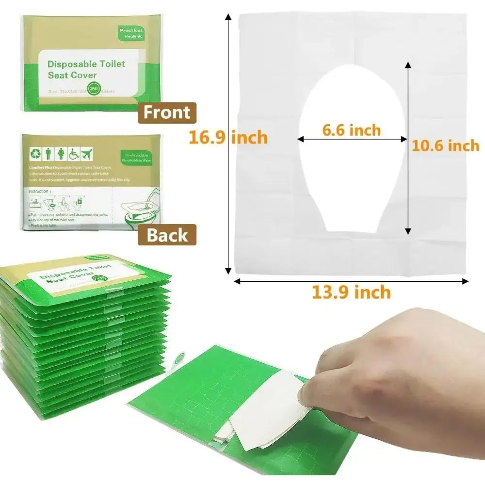 A set of green disposable toilet seat covers shown with front and back views and a hand placing one on a white surface.