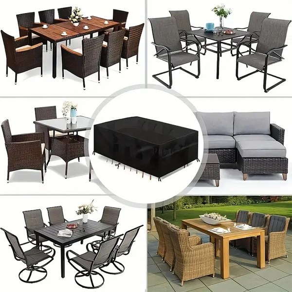 Various outdoor furniture sets, including dining tables and chairs, covered by a heavy-duty waterproof cover.