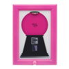 A pink vintage candy frame with a black display case featuring a candy dispenser.