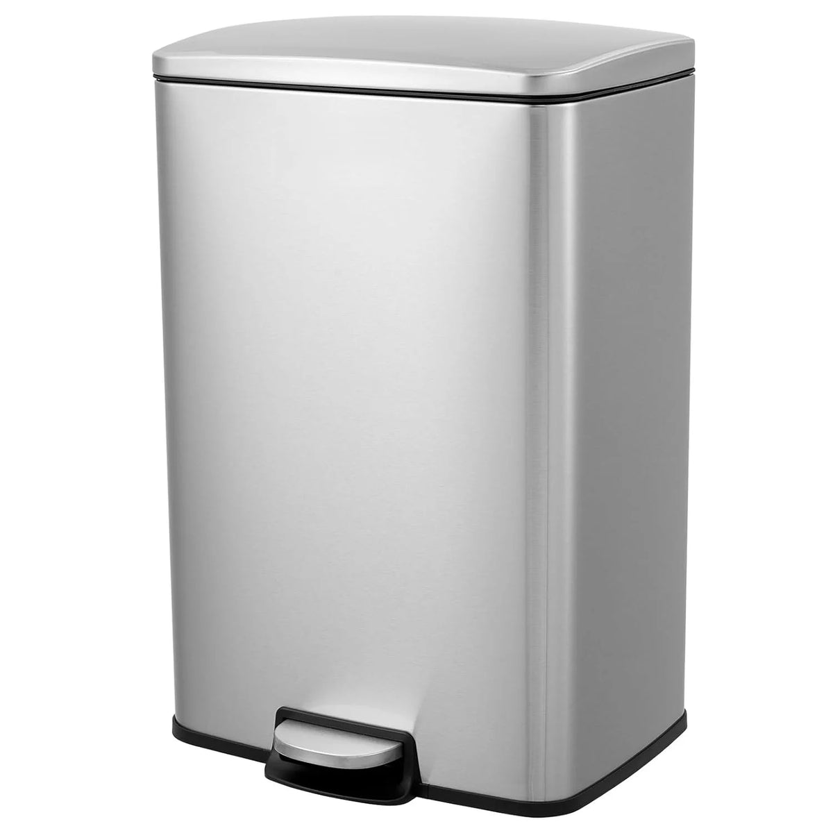 A modern stainless steel pedal trash bin with a silver finish.