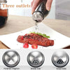 Stainless steel spice jar rack with three outlets showing a meat cut on a white plate and various sized holes