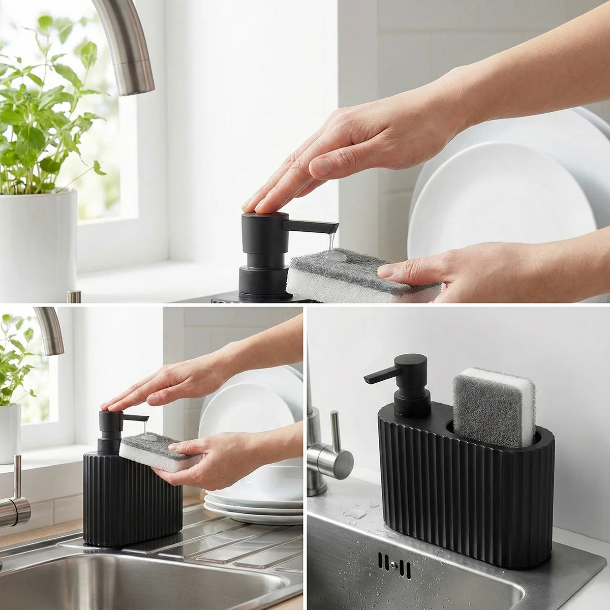 Hands are shown using a black 2-in-1 dish soap dispenser with a sponge holder to wash dishes.