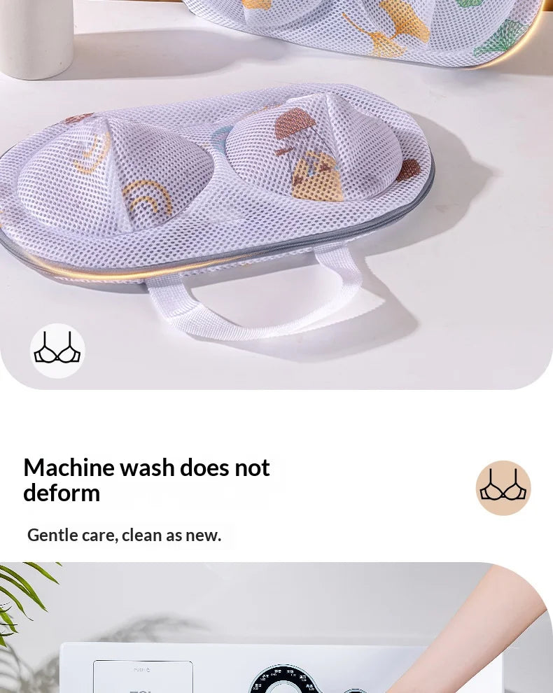 A white mesh laundry bag designed to protect delicate items like lingerie during washing.