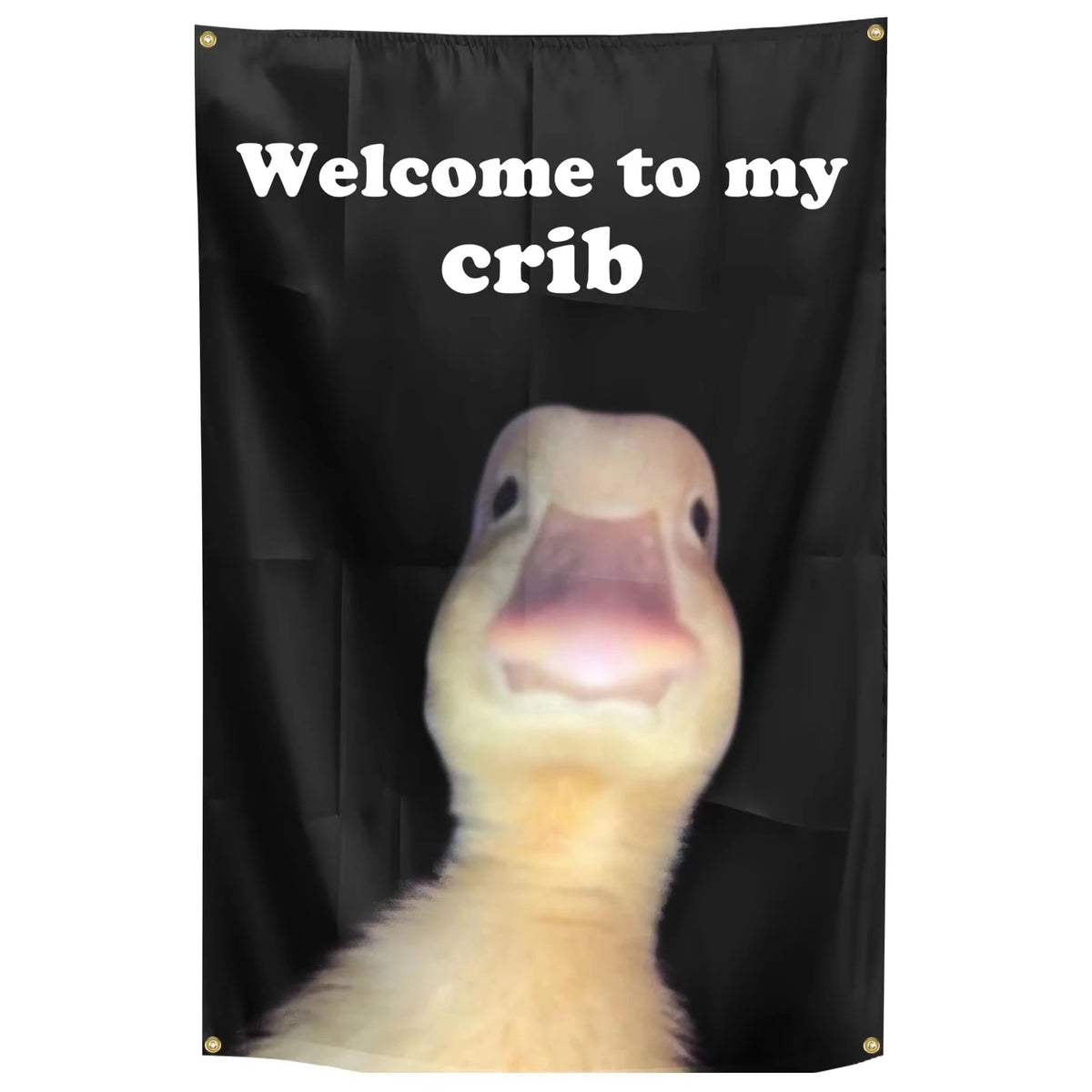 A black flag with white text that reads Welcome to my crib and features a close-up of a yellow bird's head.