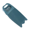 A teal thickened washboard with a handle and textured surface for laundry.