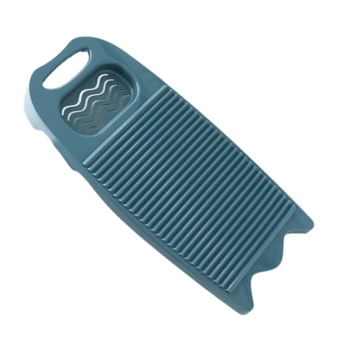 A teal thickened washboard with a handle and textured surface for laundry.