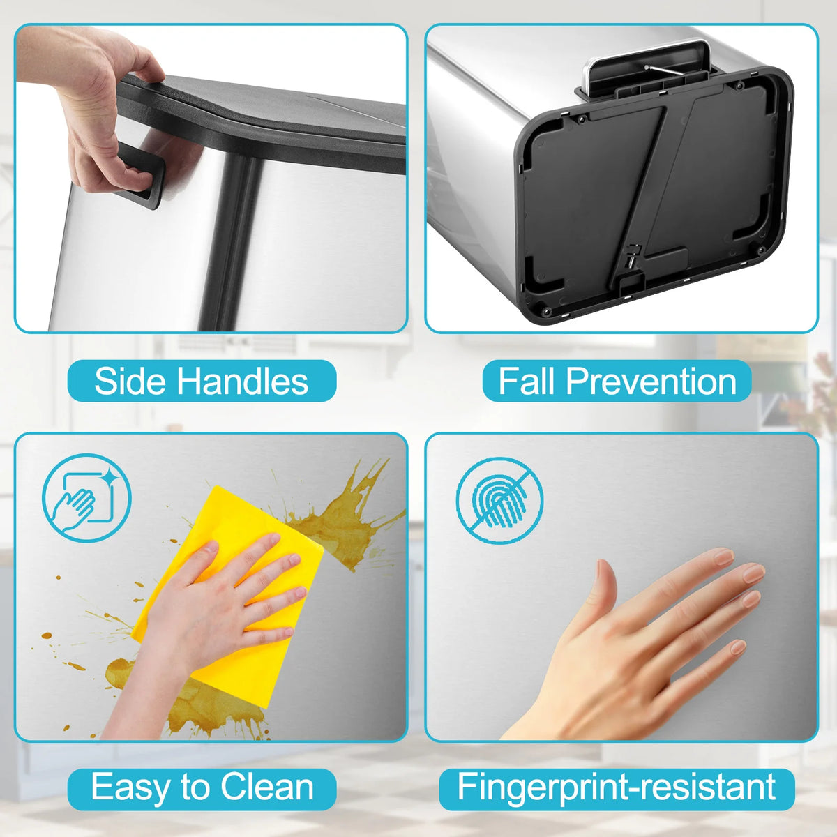 Stainless steel trash can with side handles, fall prevention features, and fingerprint-resistant surface.