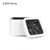 A stack of six white refill rings for kitchen trash cans, with one ring displayed separately.