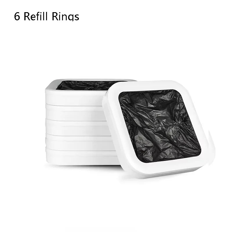 A stack of six white refill rings for kitchen trash cans, with one ring displayed separately.