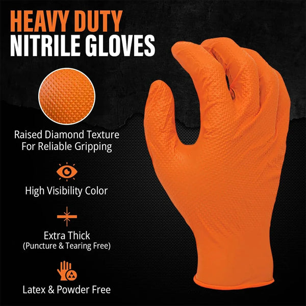 An orange heavy duty nitrile glove is shown against a dark background, highlighting its raised diamond texture and high visib