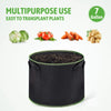 Black non-woven plant grow bag filled with soil, shown next to various plants like lettuce, tomatoes, carrots, and beans.