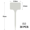 A white T-shaped plant marker with a 5.5cm wide top and a 15cm long stem, shown next to a count of 30 pieces.