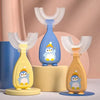 A set of three U-shaped silicone toothbrushes for kids in yellow and blue colors displayed on a light background.