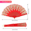 A red and gold embroidered folding hand fan shown in various views, including the fully opened fan and a rolled version.