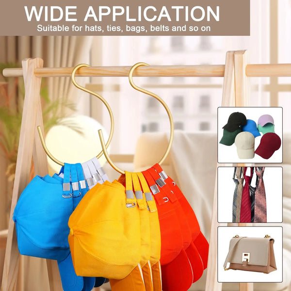 Aluminum hat hooks displaying various colored fabric items like hats, ties, and bags on a wooden rack.