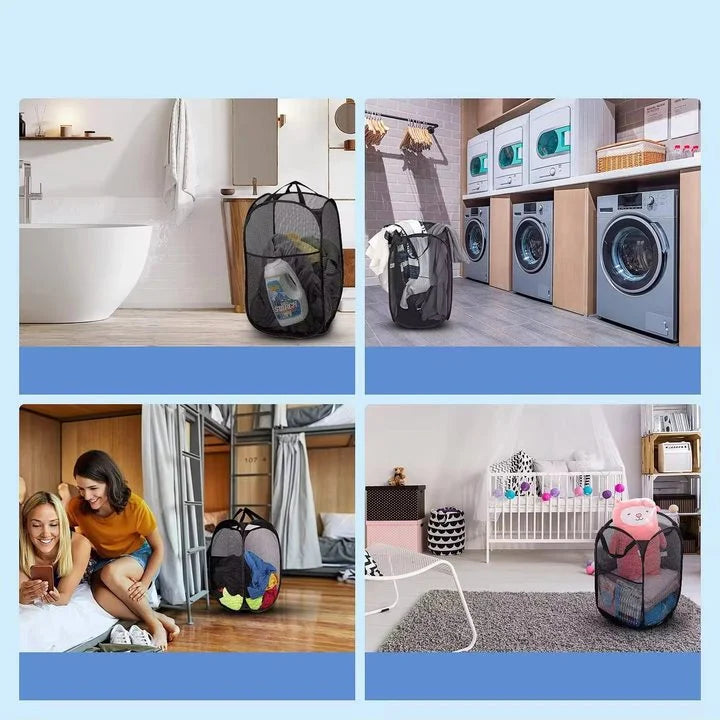 A foldable mesh laundry basket organizer is shown in various contexts, including a modern bathroom and a bedroom.
