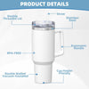 A white stainless steel travel tumbler mug with a double threaded lid and ergonomic handle.